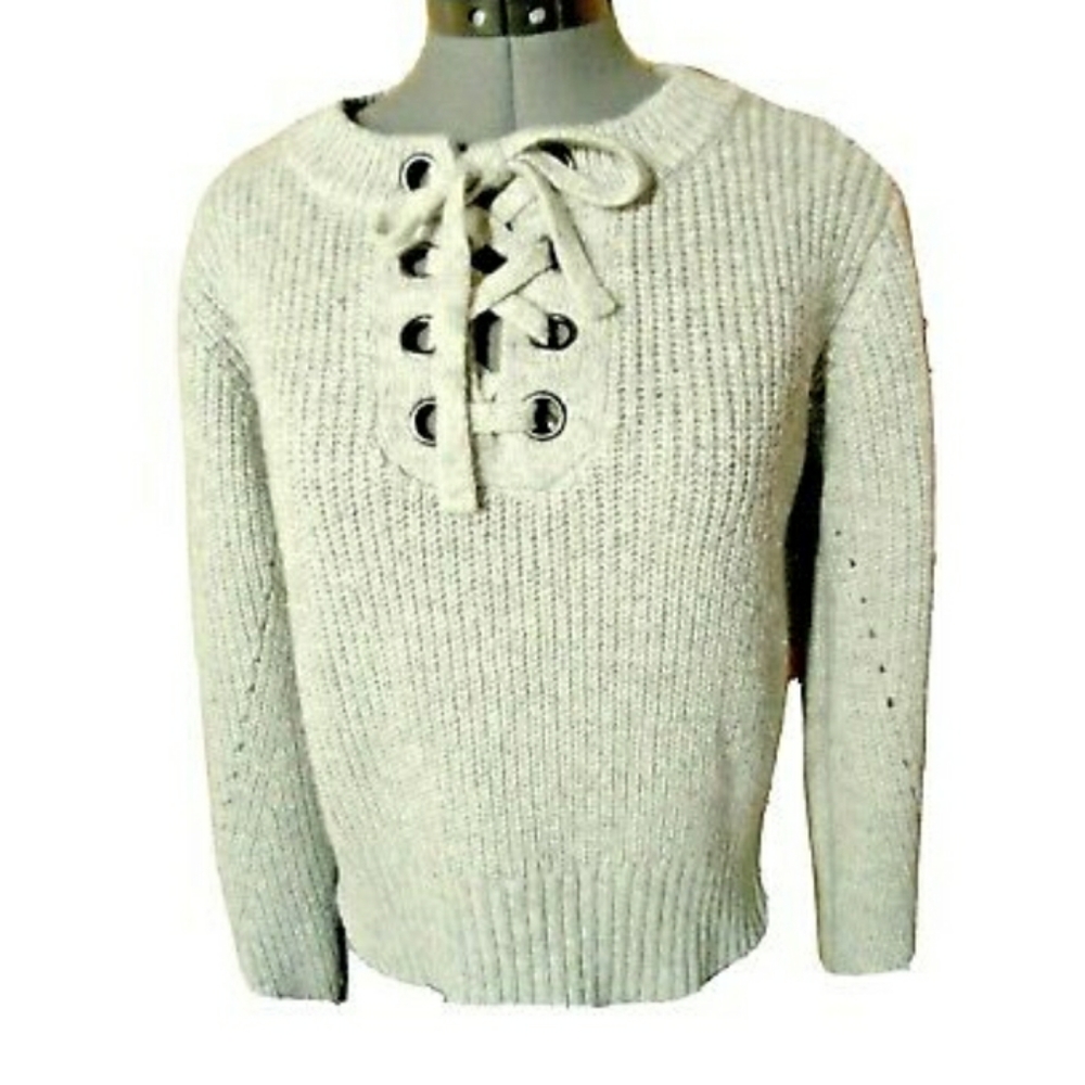 KENDALL & KYLIE Chunky Sweater Top M Gray pullover Lace up front Long sleeve